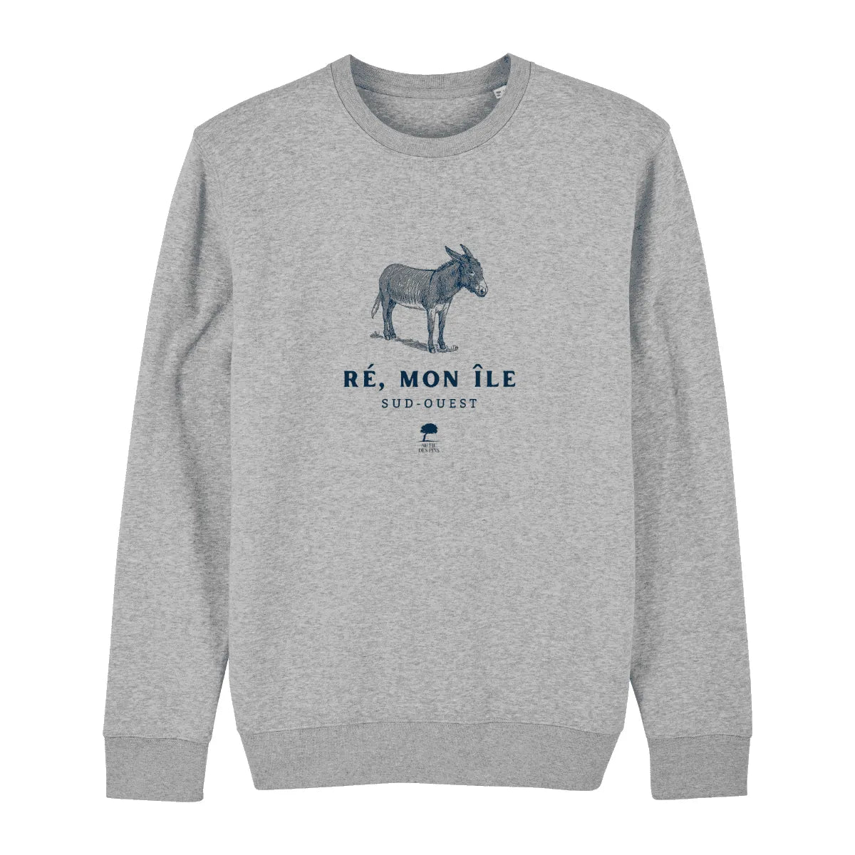 Sweat éco-responsable Ile-de-Ré gris avec imprimé Anes de l'Île-de-Ré- Au Fil des Pins