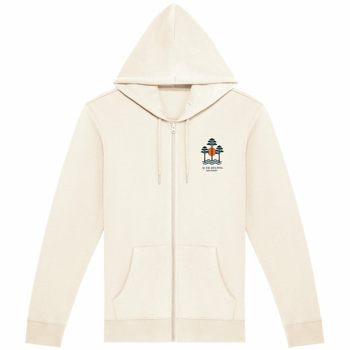 Sweat à capuche zippé ivoire avec imprimé inspiré des Landes, style casual et éco-responsable