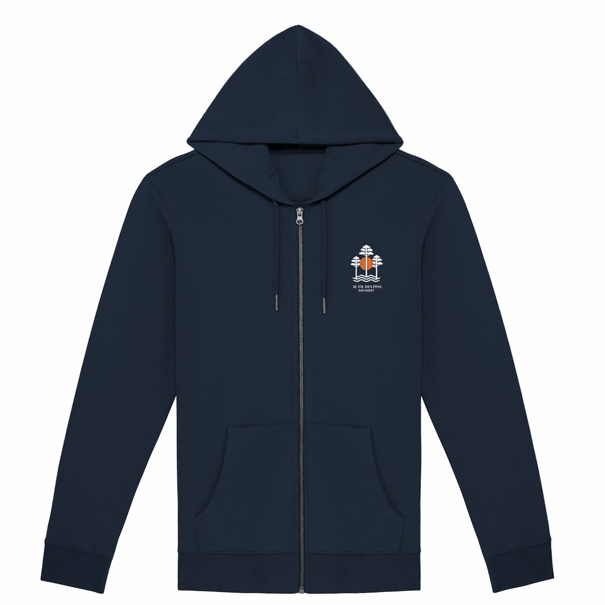 Sweat à capuche zippé marine avec imprimé inspiré des Landes, style casual et éco-responsable