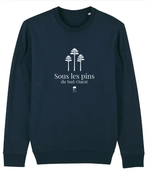 Sweat bleu marine éco-responsable, doux et durable, évoquant les pins et l’océan du Sud-Ouest.