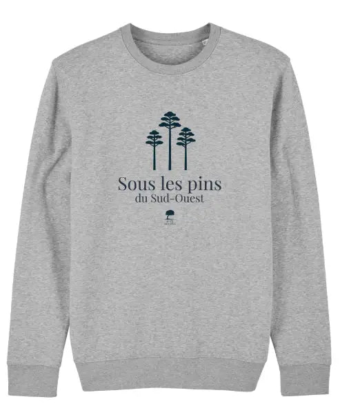 Sweat gris chiné en coton biologique, confortable et durable, inspiré des forêts landaises.