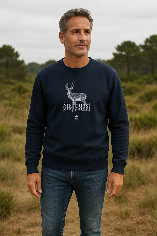 Sweat unisexe bleu marine avec imprimé cerf – coton bio et polyester recyclé