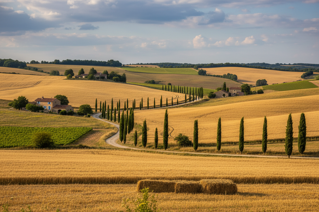 Collines de Lomagne avec cyprès le long d'un chemin de campagne, champs de tournesols et village perché en fond, lumière dorée de fin d'après-midi.