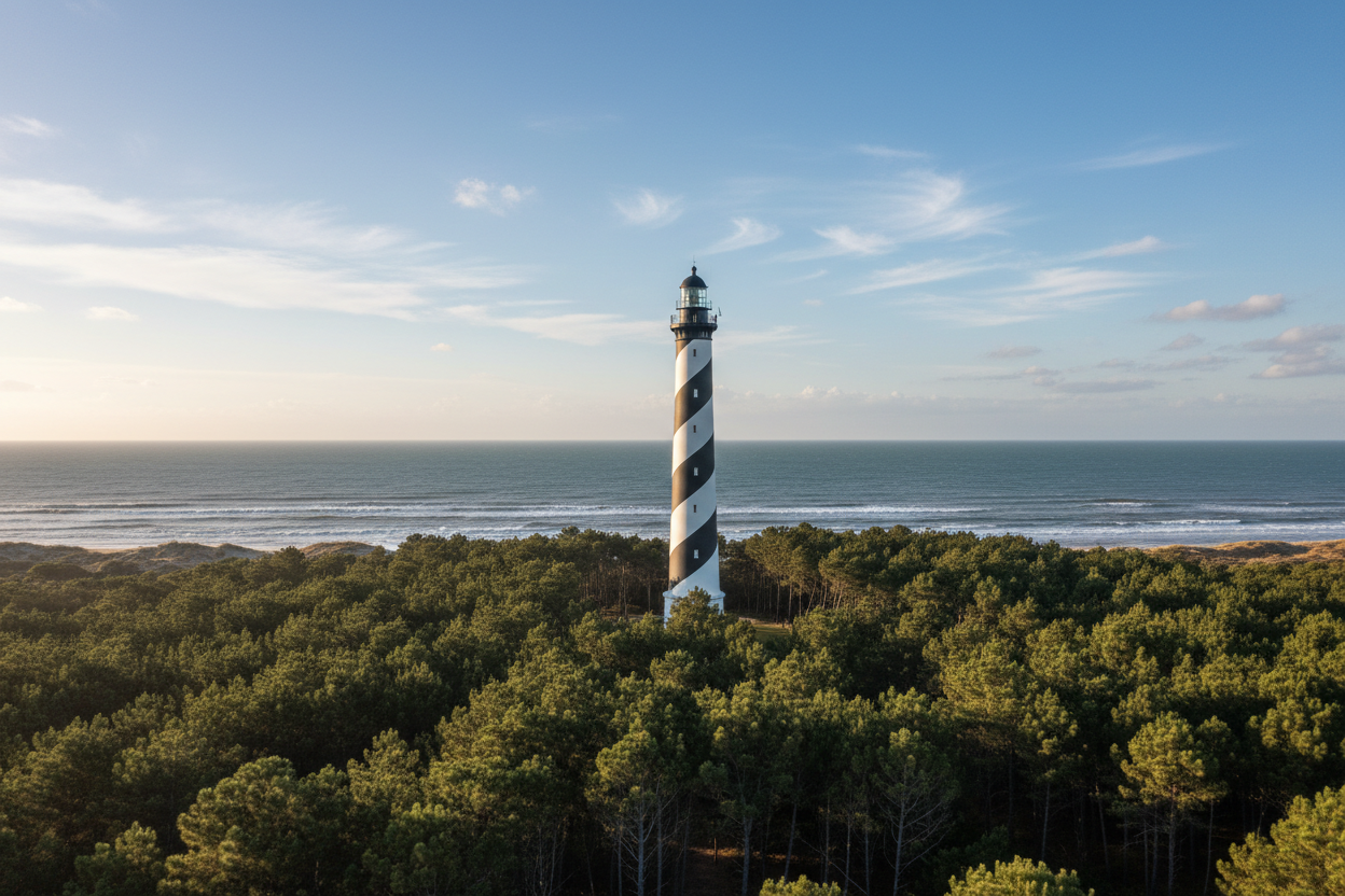 Phare de Contis entouré de la forêt de pins maritimes avec l'océan Atlantique en arrière-plan – Landes, Sud-Ouest