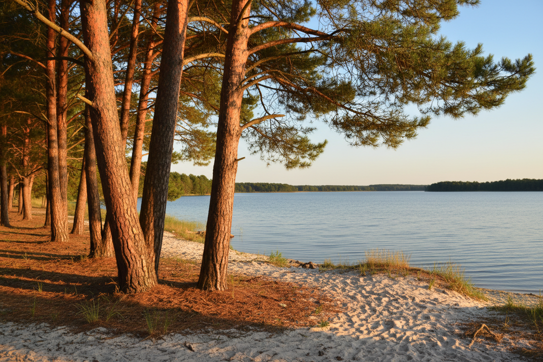 Lac de Biscarosse, eaux calmes et pins maritimes, Landes
