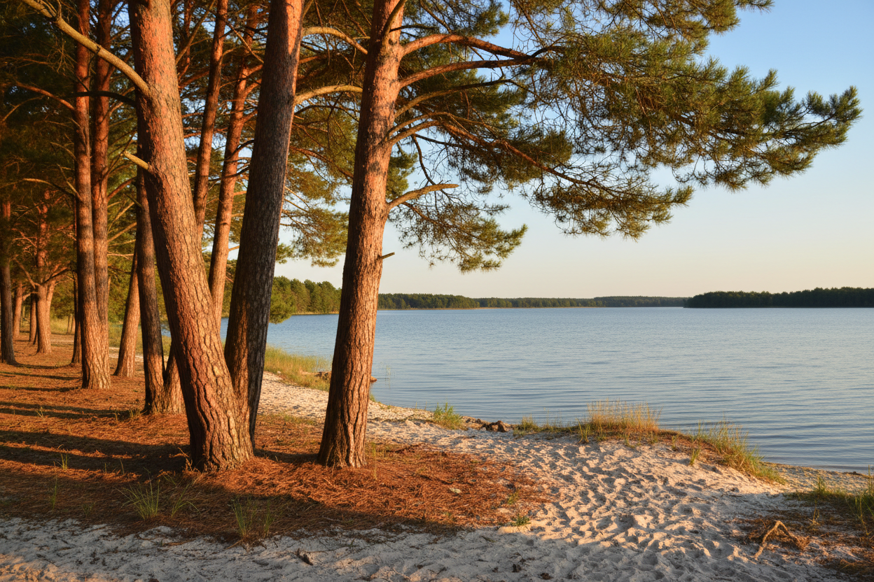 Lac de Biscarosse, eaux calmes et pins maritimes, Landes