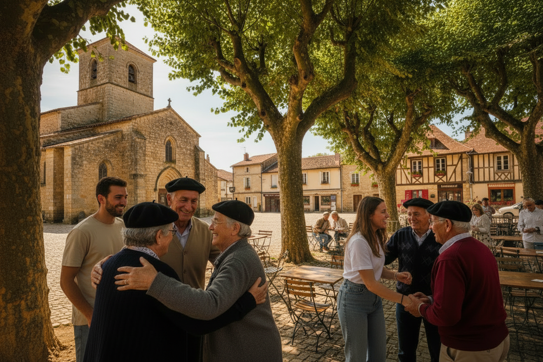 Place de village landais, habitants de toutes générations qui se saluent avec un Adiou, esprit convivial du Sud-Ouest