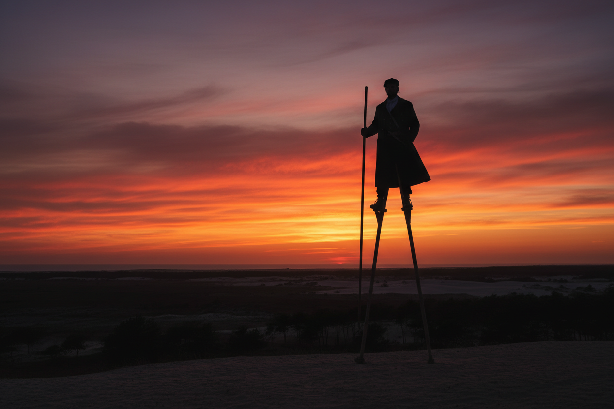 Silhouette d'échassier landais au coucher de soleil sur les Landes de Gascogne