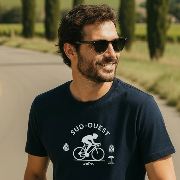 Homme à vélo en campagne gersoise portant un t-shirt marine cycliste Au Fil des Pins