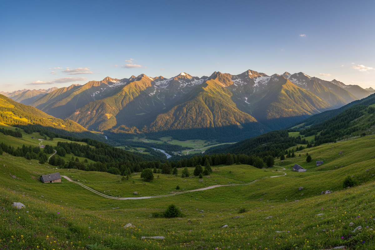 Panorama montagneux avec des sommets partiellement enneigés, une vallée verdoyante et des cabanes dans les pâturages.