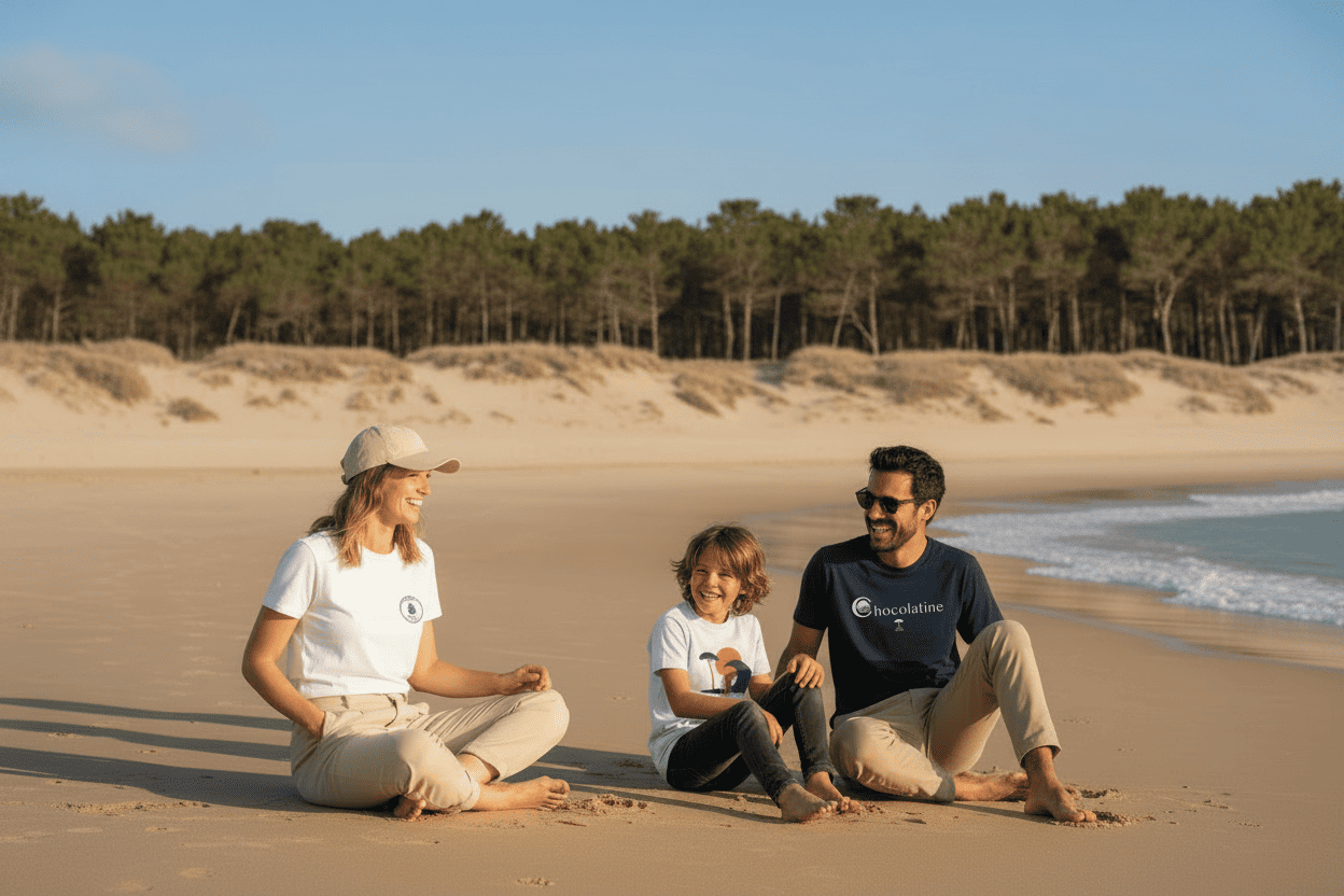 Famille en t-shirts Au Fil des Pins sur une plage des Landes, forêt de pins en arrière-plan