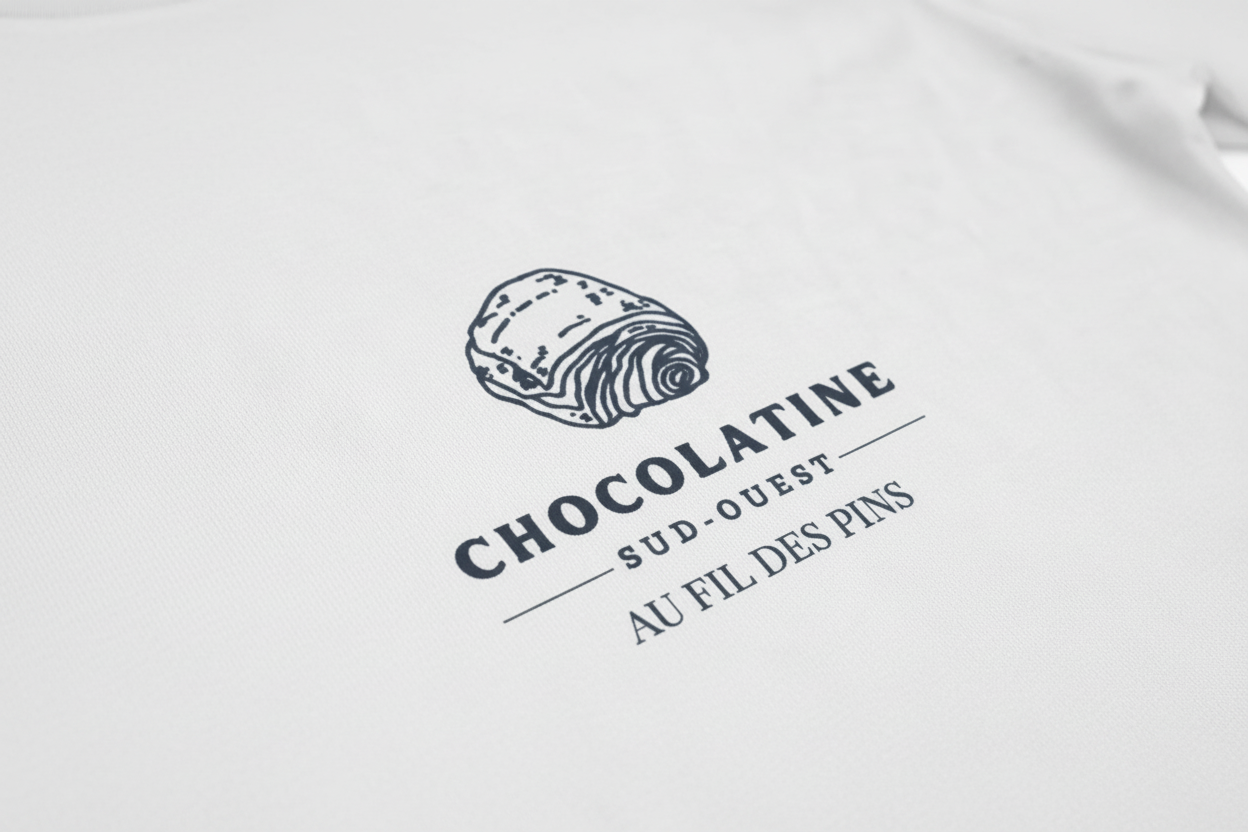 Détail design Chocolatine Sud-Ouest sur t-shirt blanc coton bio"