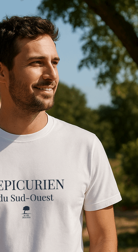 Détail en gros plan sur la manche du sweat blanc L’Épicurien de la marque Au Fil des Pins, montrant la qualité du tissage et la finition soignée du vêtement fabriqué en France.