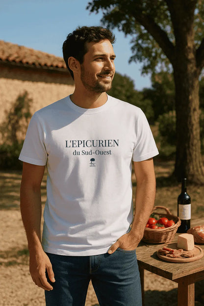 Un homme porte le sweat blanc L’Épicurien de la marque Au Fil des Pins, fabriqué en France. La coupe est moderne et confortable, symbolisant un style à la fois simple, élégant et authentique, inspiré du Sud-Ouest.