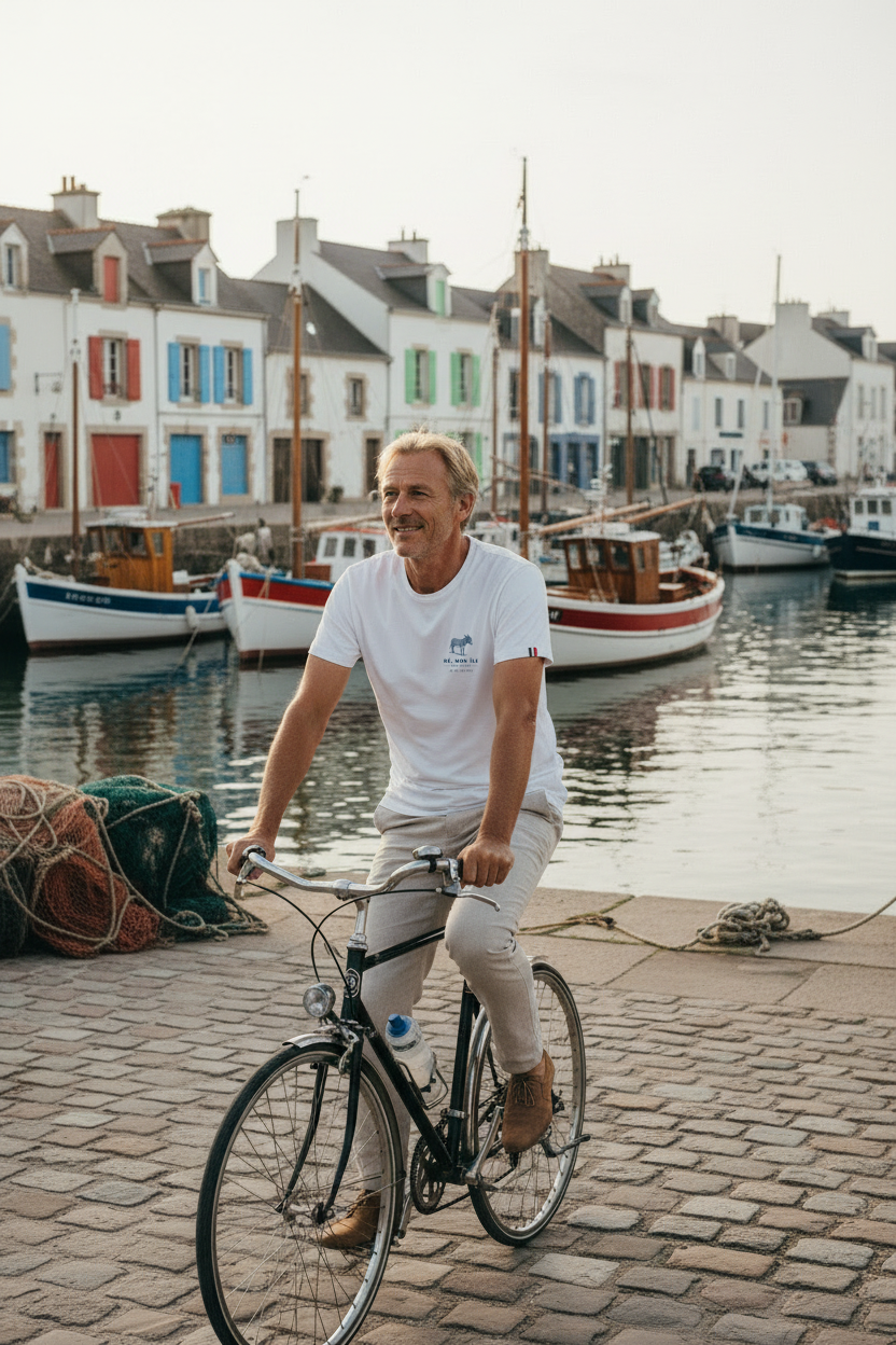 Homme portant t-shirt blanc Île de Ré à vélo sur le port de La Flotte