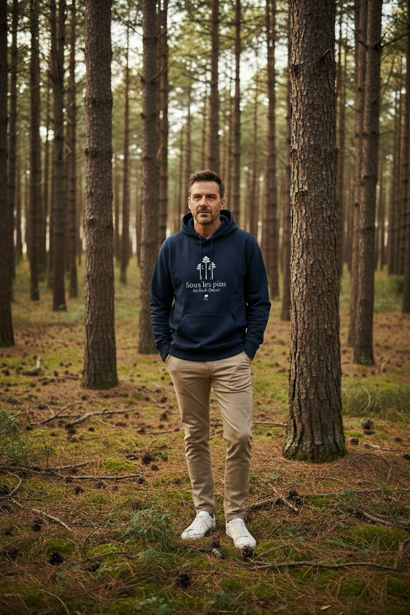 Sweat à capuche Sous les Pins coton bio GOTS unisexe bleu marine éco-responsable