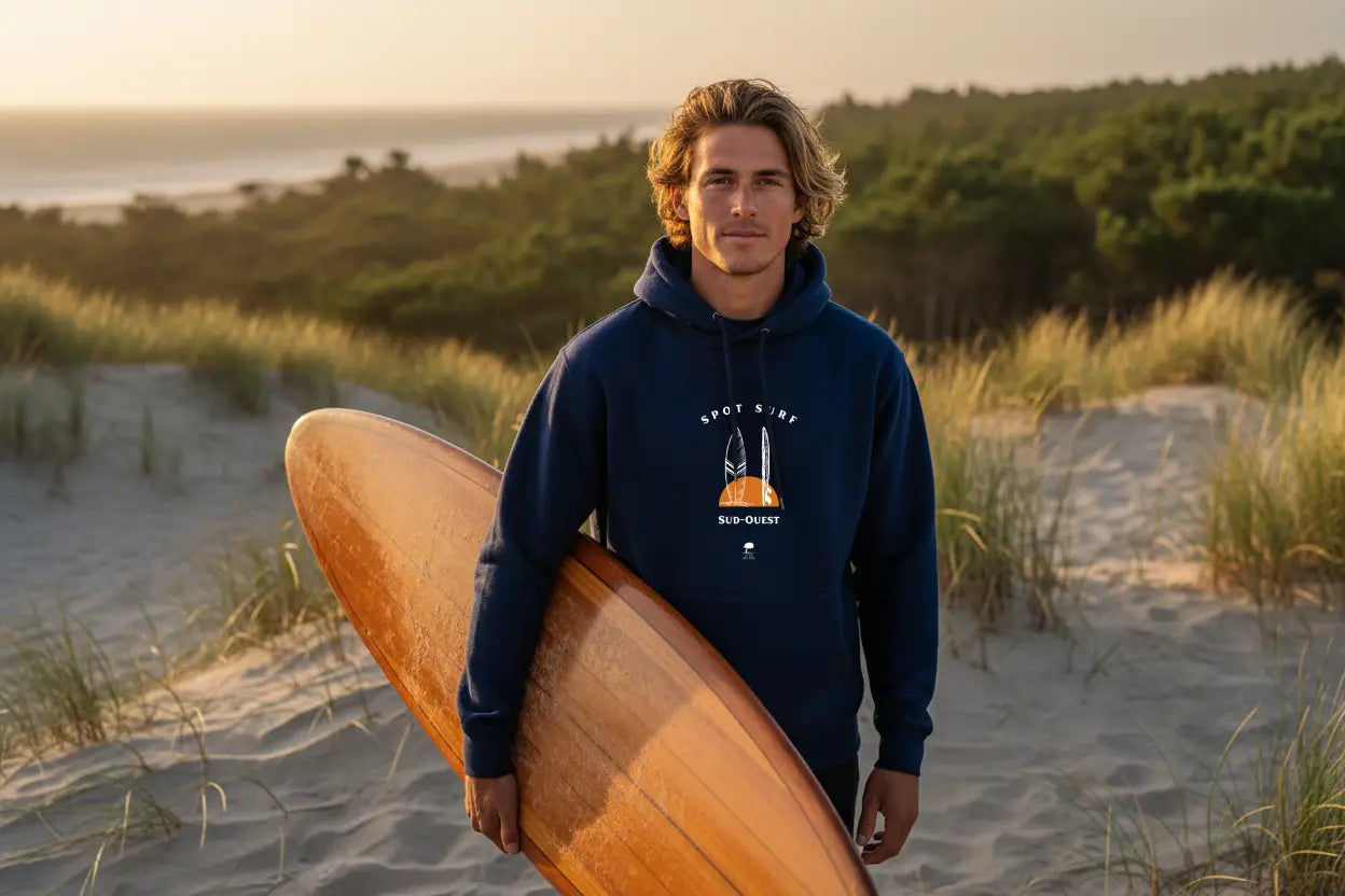surfer avec sweat à capuche Au Fil des Pins, spots sud-ouest, Hossegor