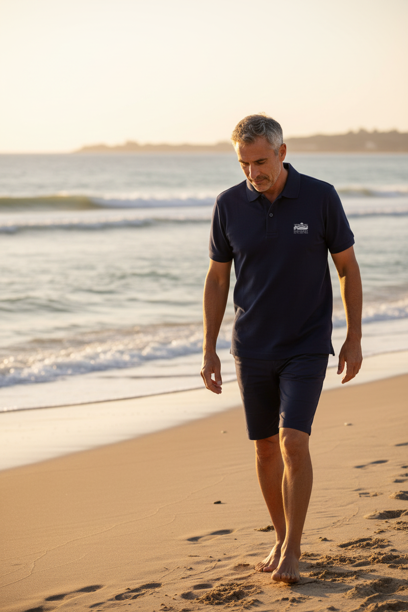 Homme portant polo bleu marine Dunes du Sud-Ouest sur plage méditerranéenne au coucher du soleil
