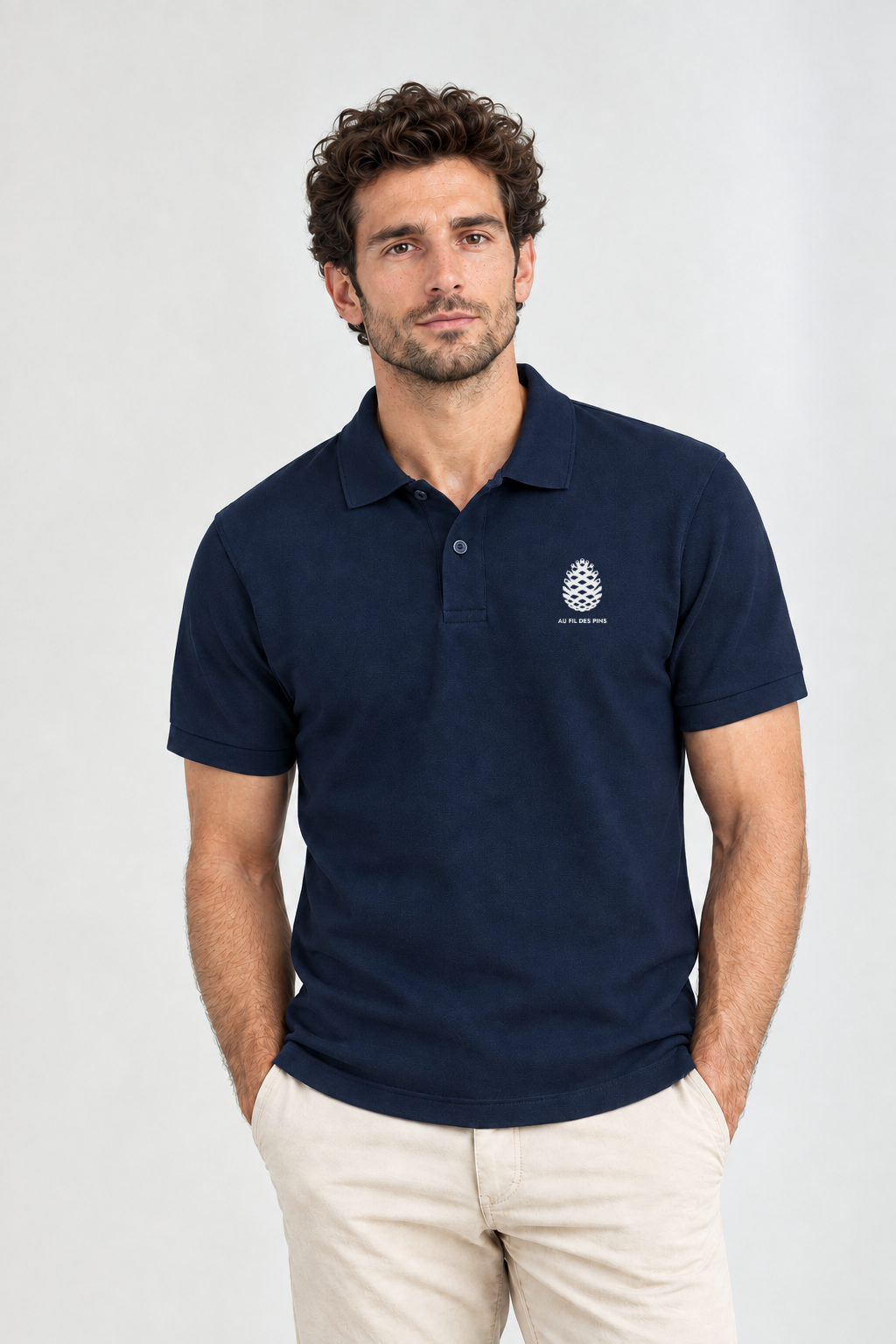homme de face debout porte un polo couleur marine avec imprimé pomme de pin à a poche avant
