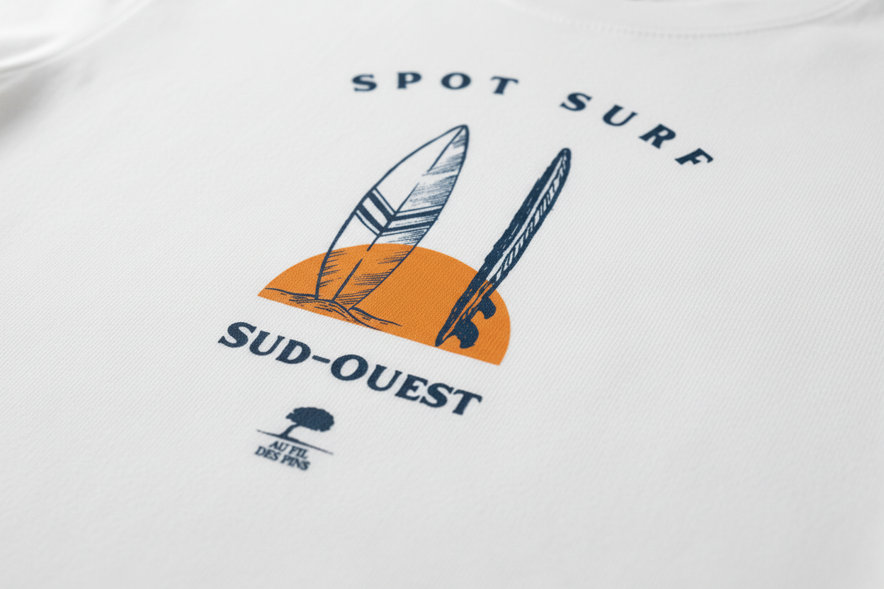 Détail impression Spot Surf Sud-Ouest t-shirt surf femme sérigraphie
