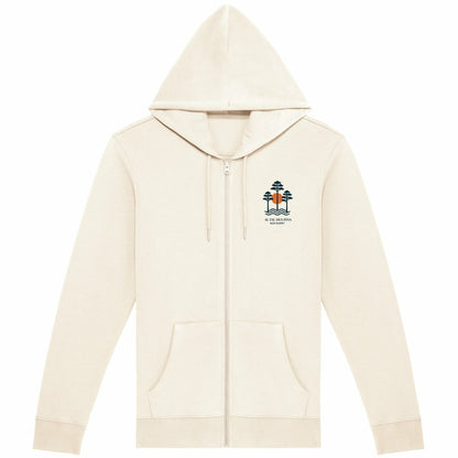 Sweat à capuche zippé ivoire avec imprimé inspiré des Landes, style casual et éco-responsable