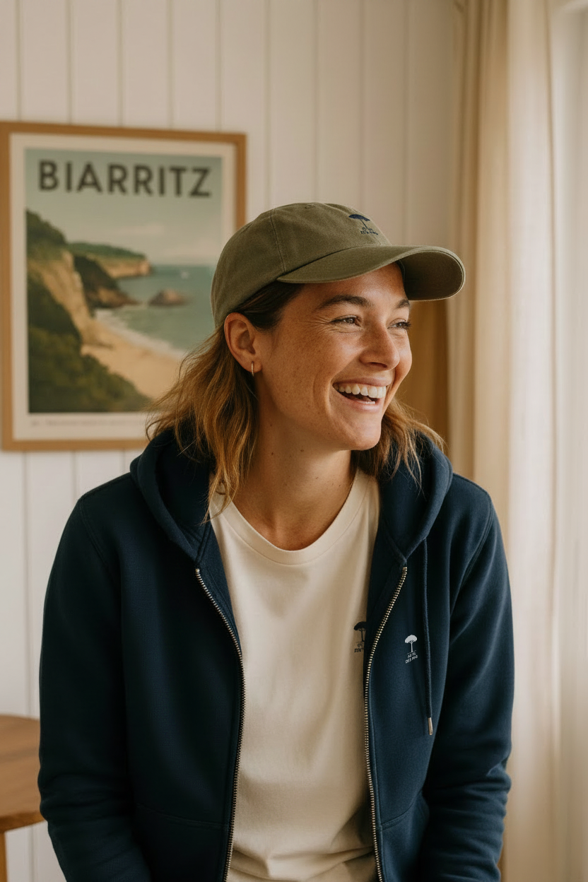 femme protant un sweat zippé marine, éco-responsable dans un interieur maison ambiance côte atlantique France