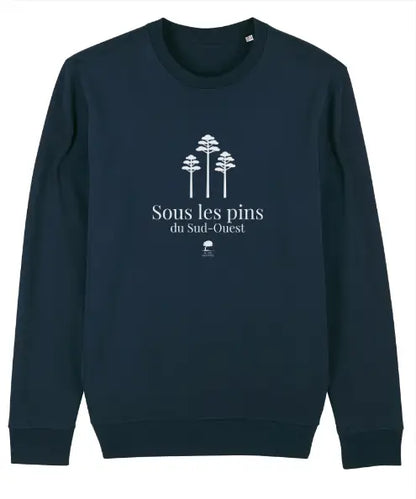 Sweat bleu marine éco-responsable, doux et durable, évoquant les pins et l’océan du Sud-Ouest.