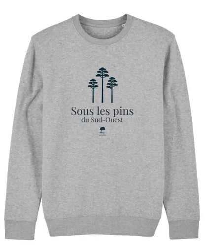 Sweat gris chiné en coton biologique, confortable et durable, inspiré des forêts landaises.