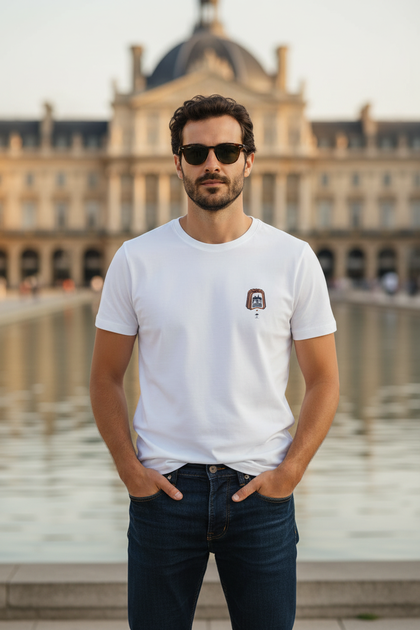 Homme avec t-shirt blanc éco-responsable-Au Fil des Pins