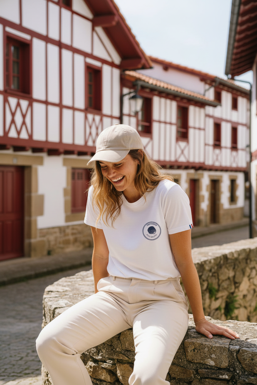 Lifestyle femme dans les rue du pays basque avec t-shirt made in france Chocolatine