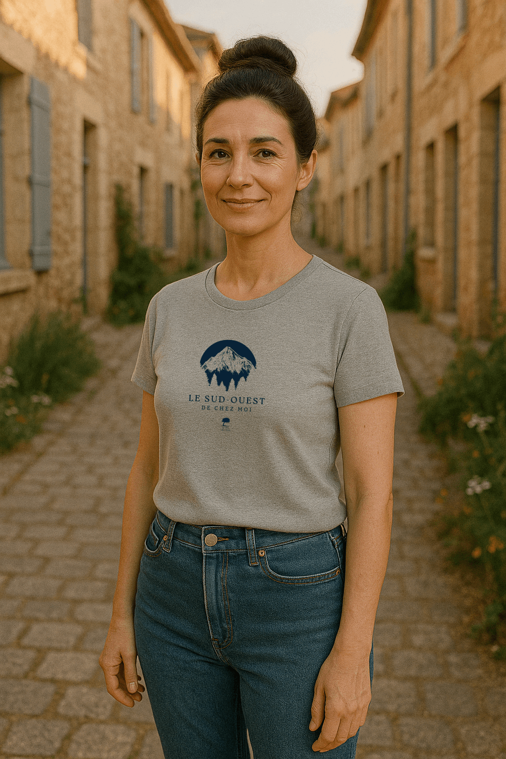 Femme élégante portant tee-shirt gris "Pyrénées" en coton bio, ruelle pavée Sud-Ouest