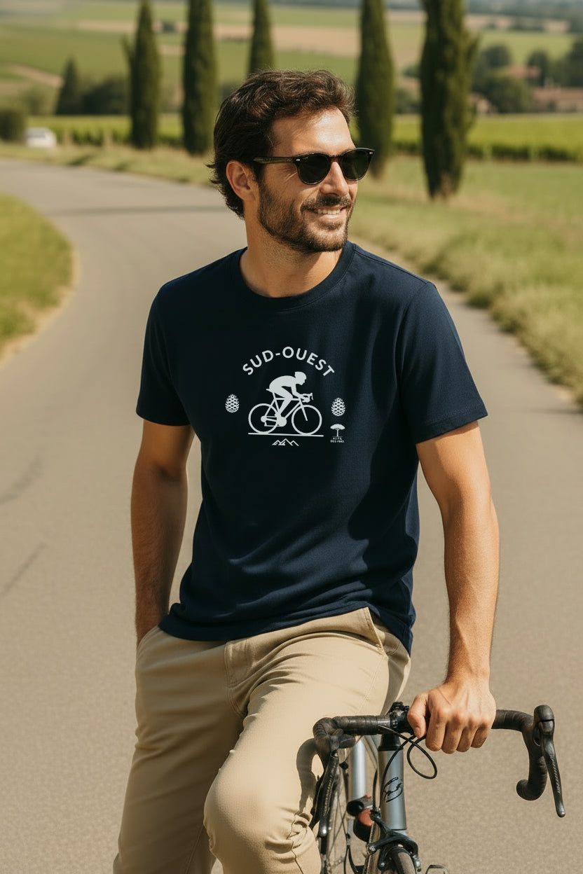 homme sur vélo dans rue de campagne gers, protant un t-shirt couleur marine imprimé vélo