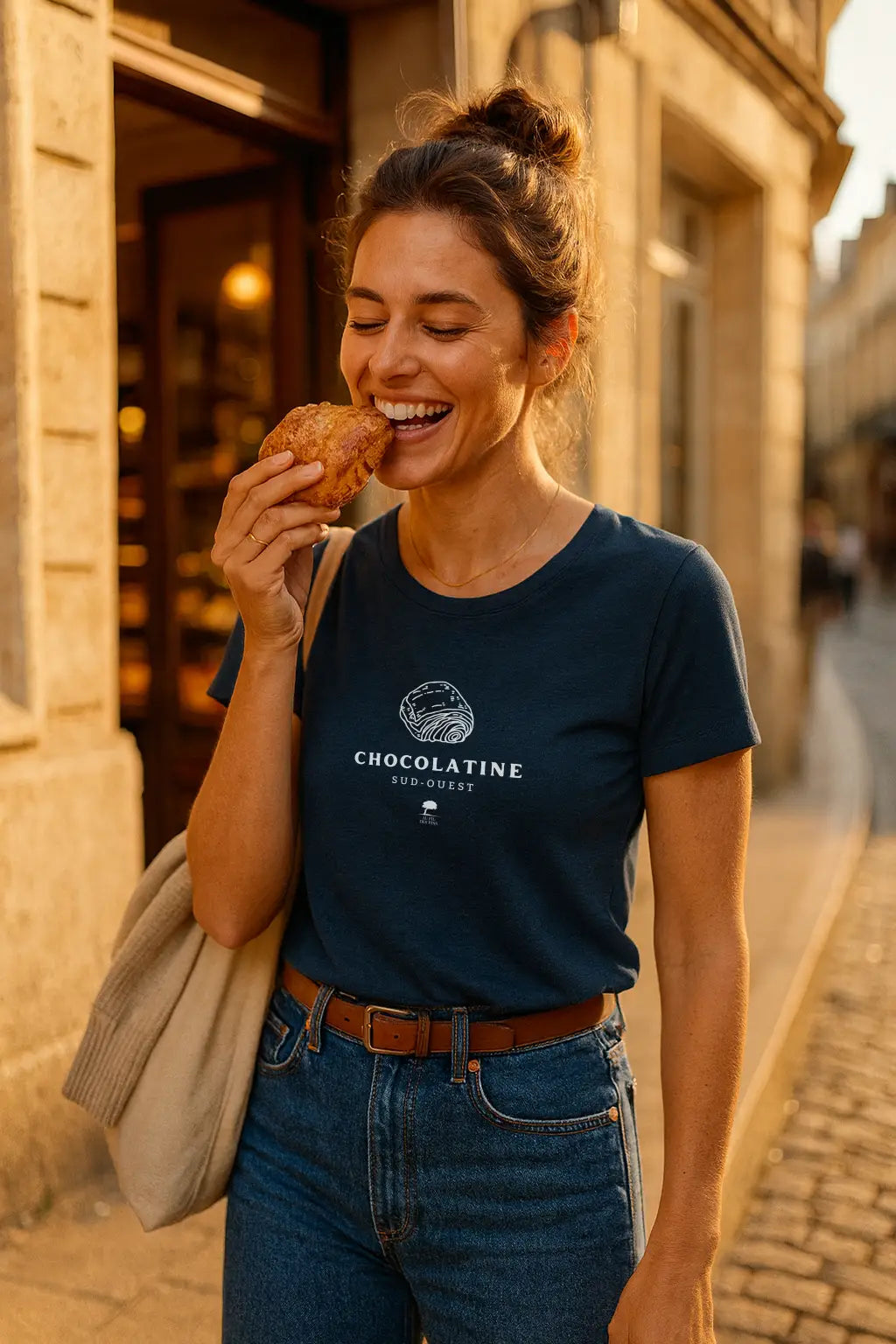 Tee-shirt femme “Chocolatine” en coton bio, col rond, coupe regular, marine 