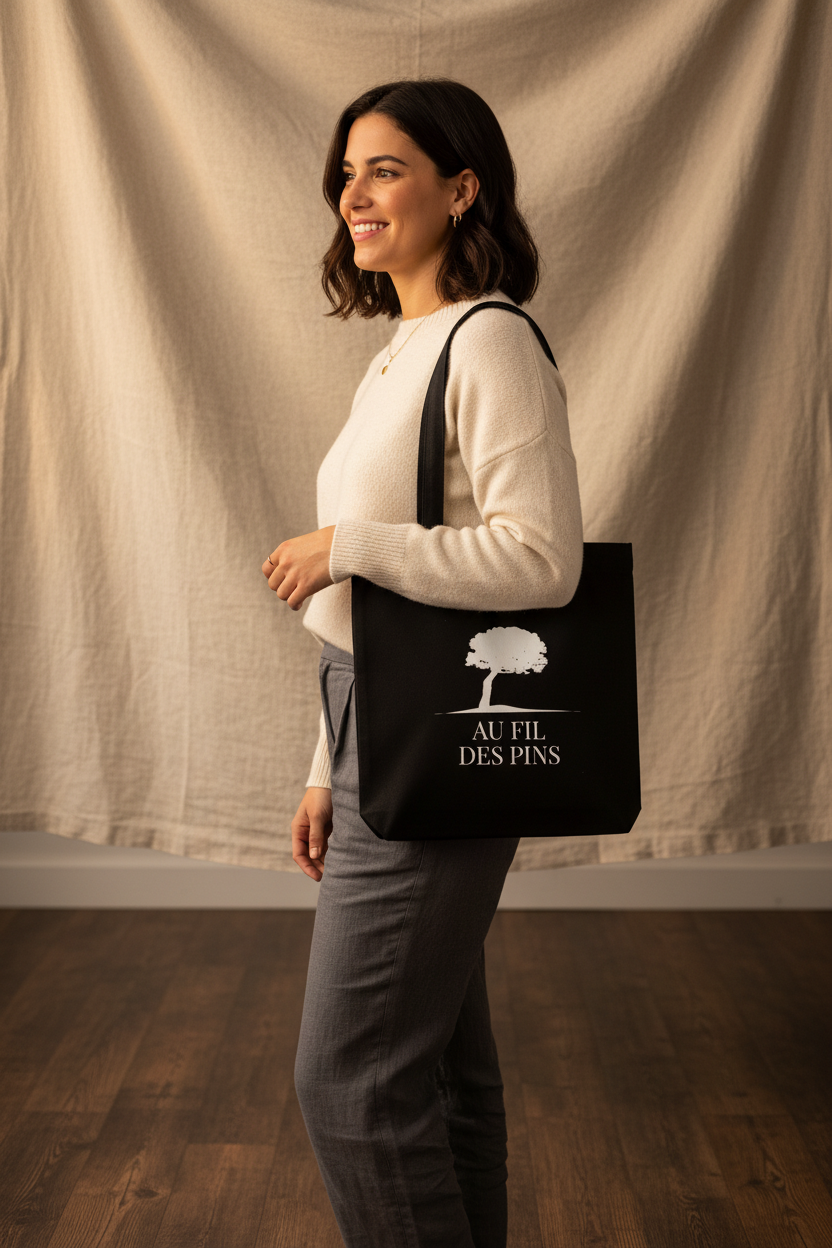 Tote bag noir éco-responsable Au Fil des Pins porté en situation - sac en coton recyclé