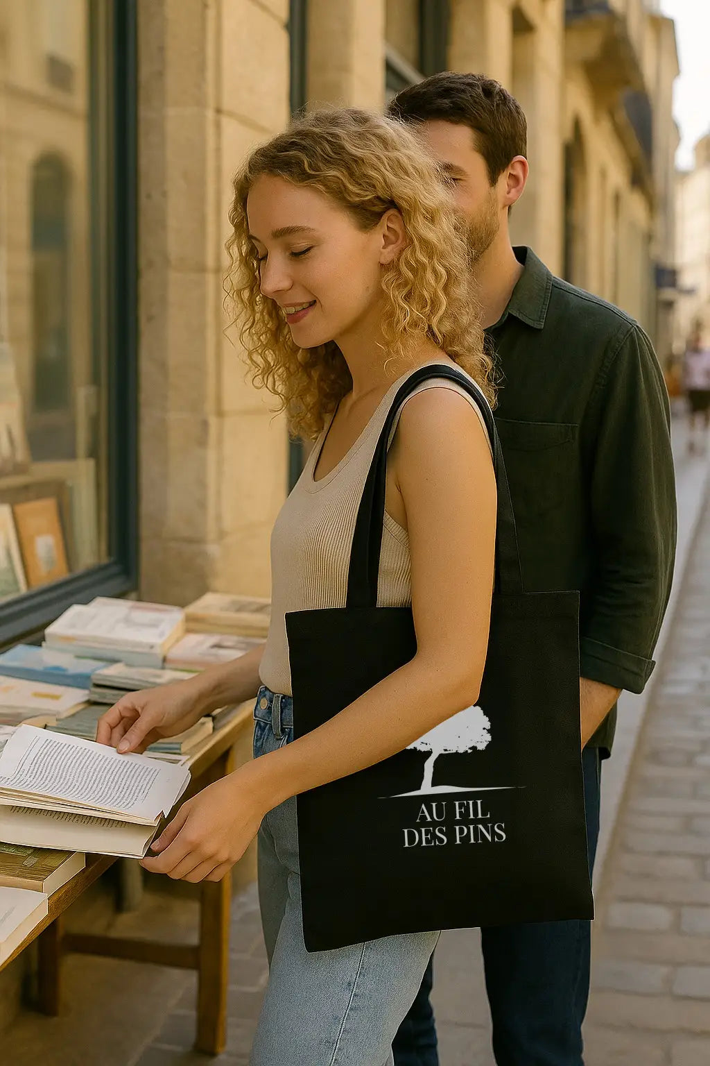 Tote bag noir éco-responsable 'Au Fil des Pins', en coton bio, avec impression blanche et design inspiré du Sud-Ouest