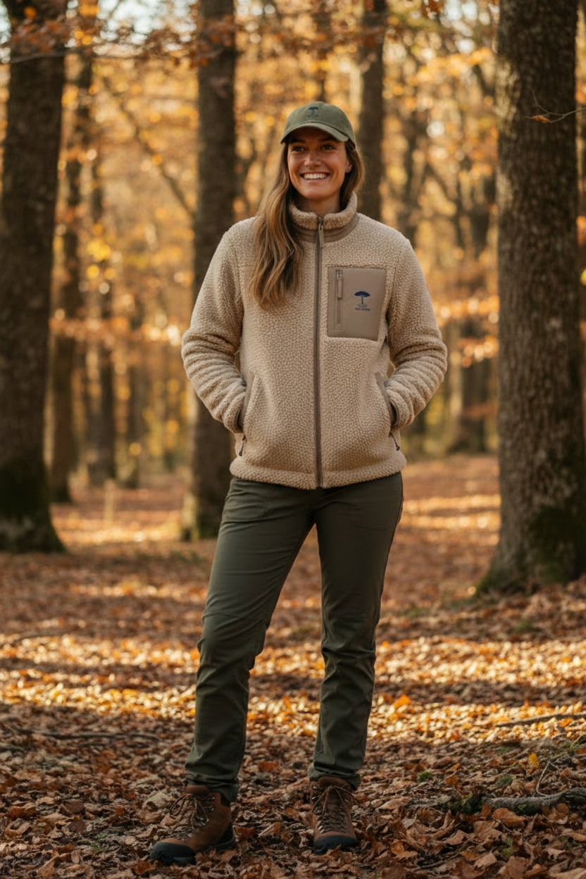 Femme portant une veste sherpa éco-responsable Au Fil des Pins en forêt de pins