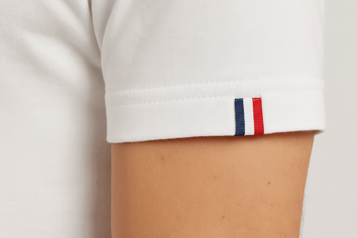 Détail manche avec bras homme et étiquette tricolore