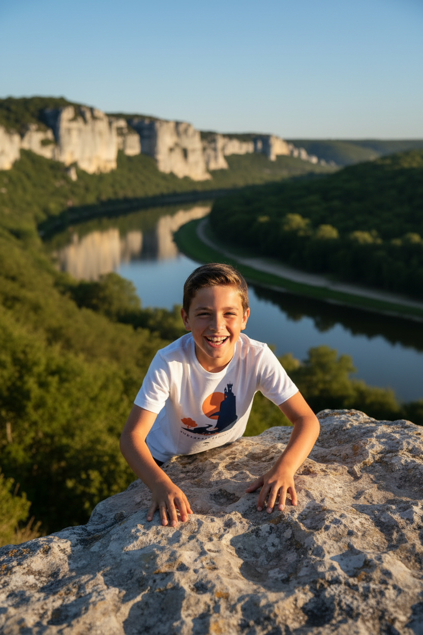Garçon joue rocher bas Dordogne