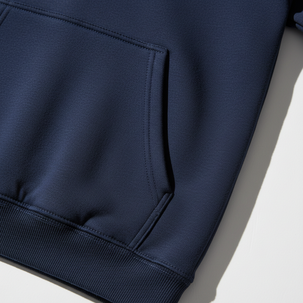 Gros plan finitions poche kangourou sweat à capuche coton bio qualité premium