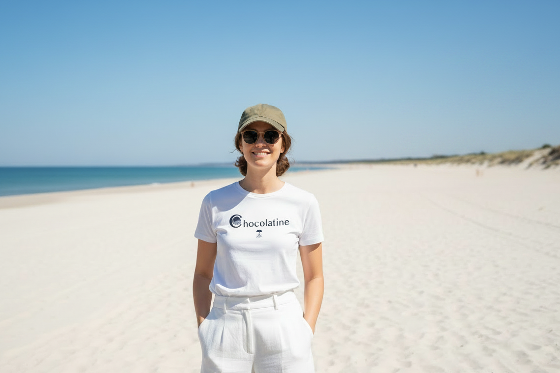 Femme en t-shirt Chocolatine blanc Au Fil des Pins sur la plage atlantique des Landes, été