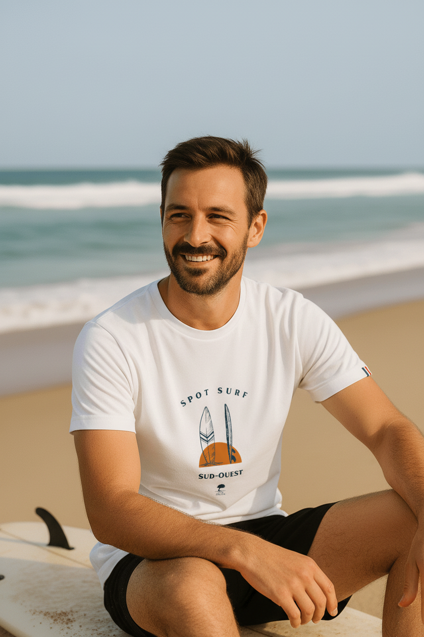 Homme assis sur surfboard sur la plage