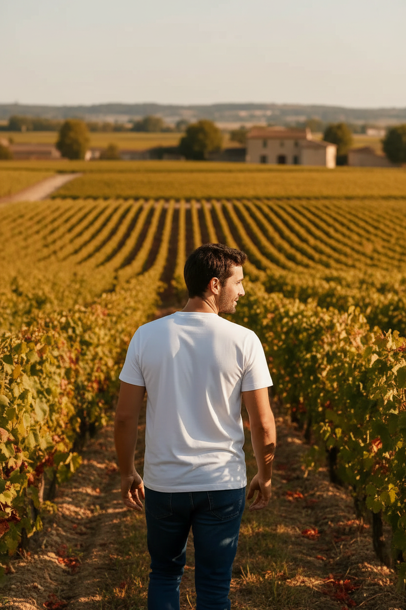 Homme de dos marchant dans vignoble Saint-Émilion