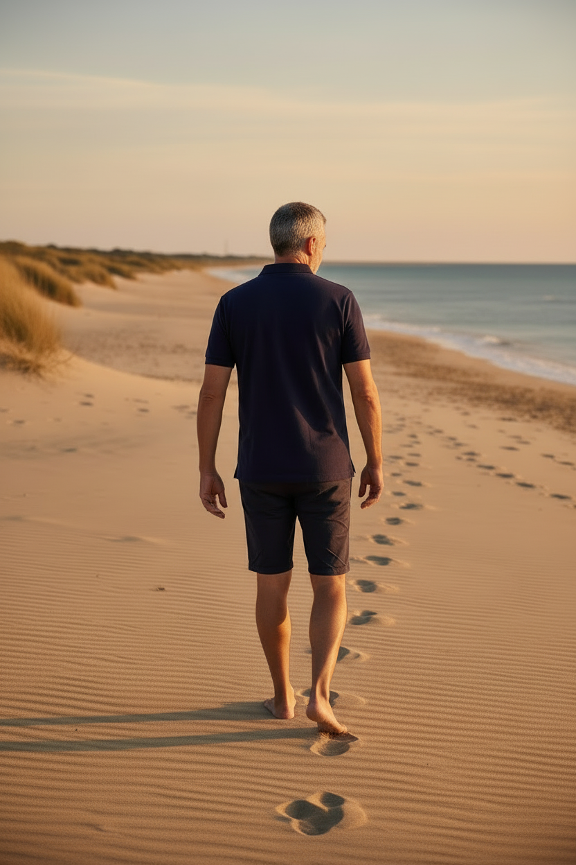 Vue de dos polo homme bleu marine sur plage de sable fin au golden hour