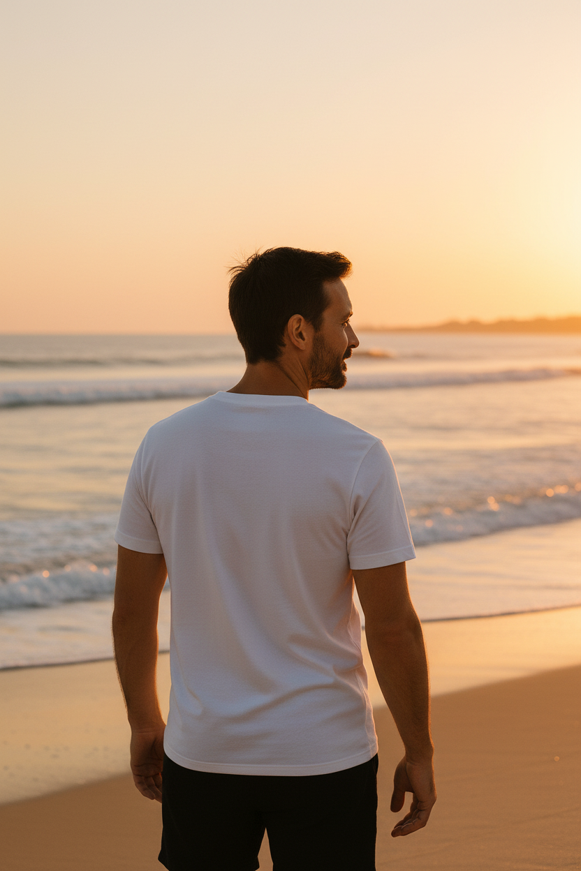 Homme en t-shirt blanc face à l'océan