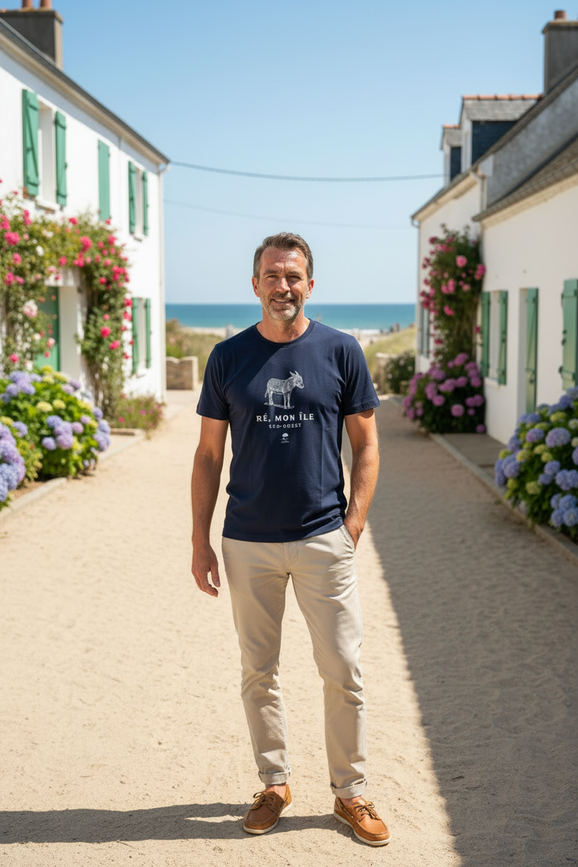 Homme plan de pied avec t-shirt Ré mon île - design -10%