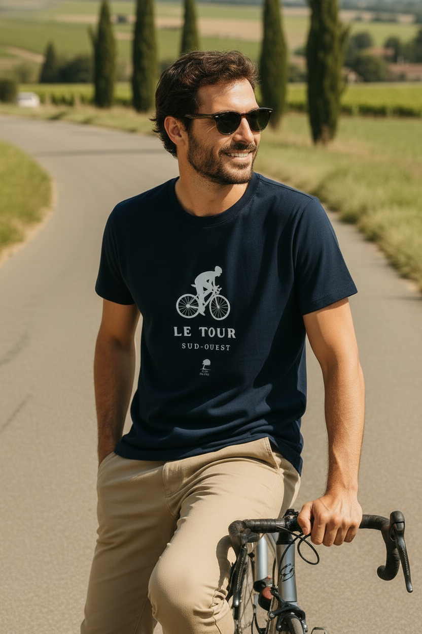 Détail t-shirt vélo Le Tour coton bio GOTS certifié