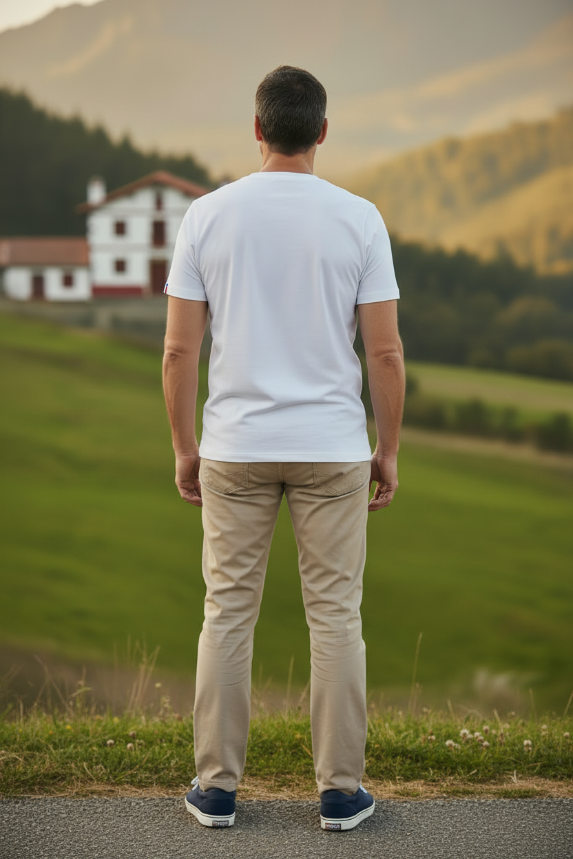 Lifestyle Pays Basque – T-shirt blanc, pantalon beige, dos