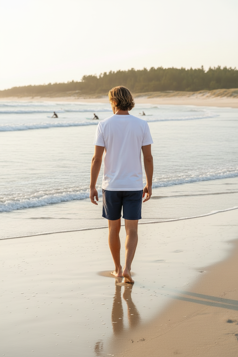 Lifestyle t-shirt blanc – de dos, bord de mer