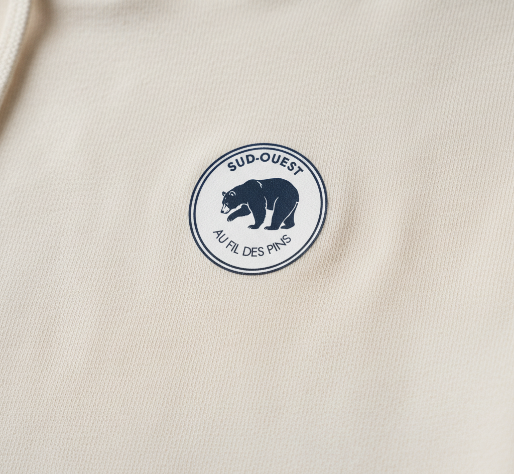 Macro badge fond blanc sweat ivoire