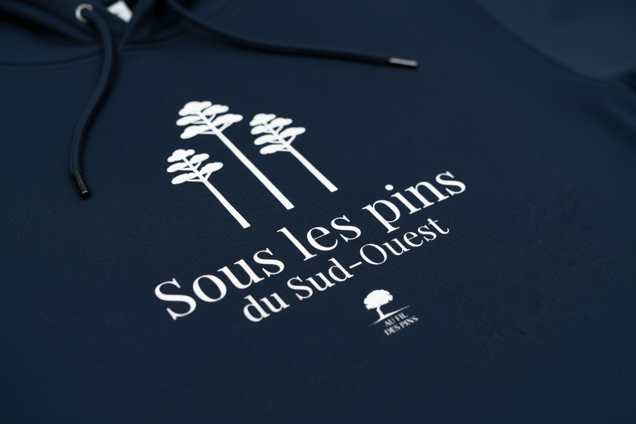 Gros plan sérigraphie Sous les Pins sweat à capuche coton bio design minimaliste